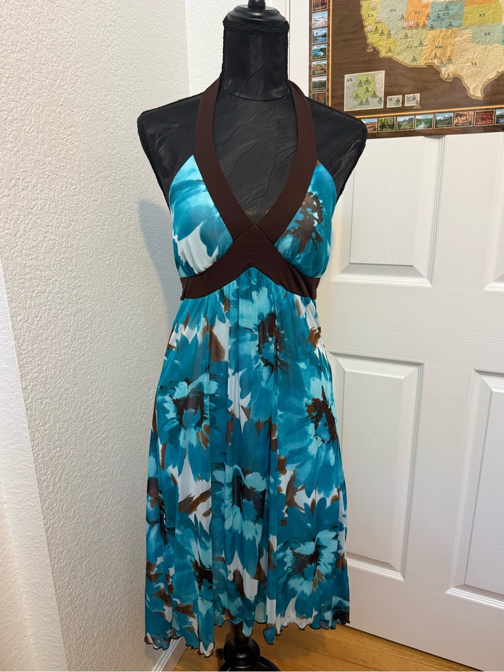M blue and brown halter tie neck dress with flowers